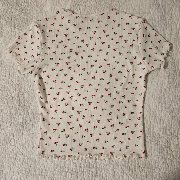 Haley & June White Cherry Ribbed Lettuce Edge Crop Top Shirt Size Small Baby Tee - Picture 2 of 6